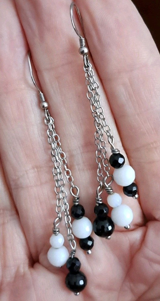 Vintage Sterling Silver Earrings.  Glass Beaded Black And White .925 dangle