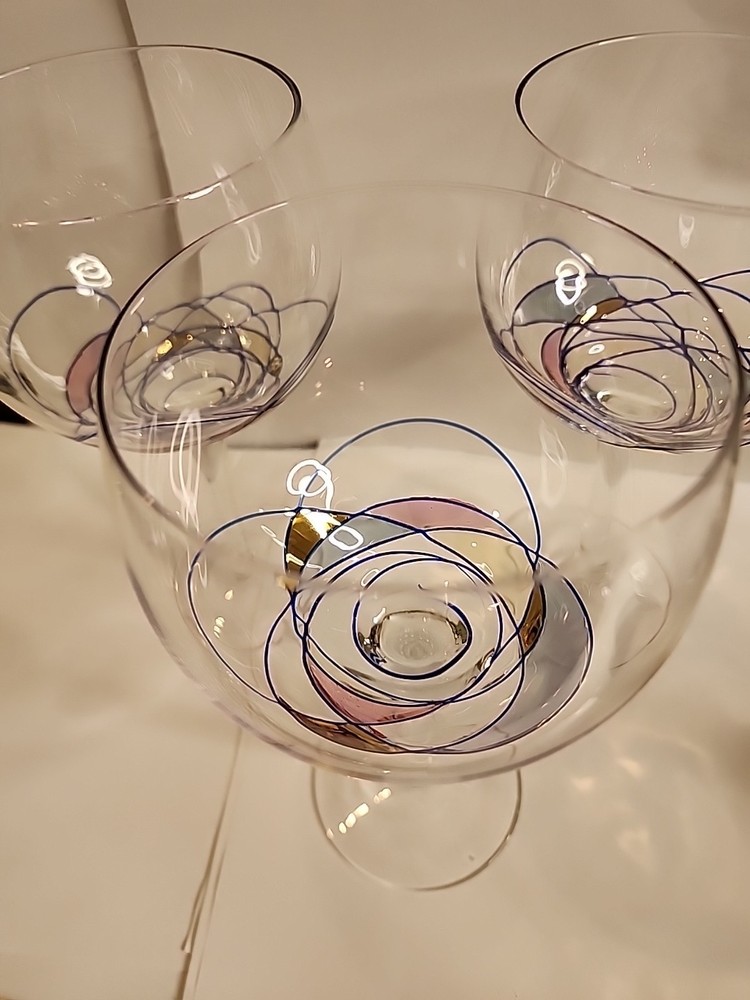 MILANO ROMANIA Mosaic Balloon Wine Glasses Stained Glass 7 1/2” Set of 3