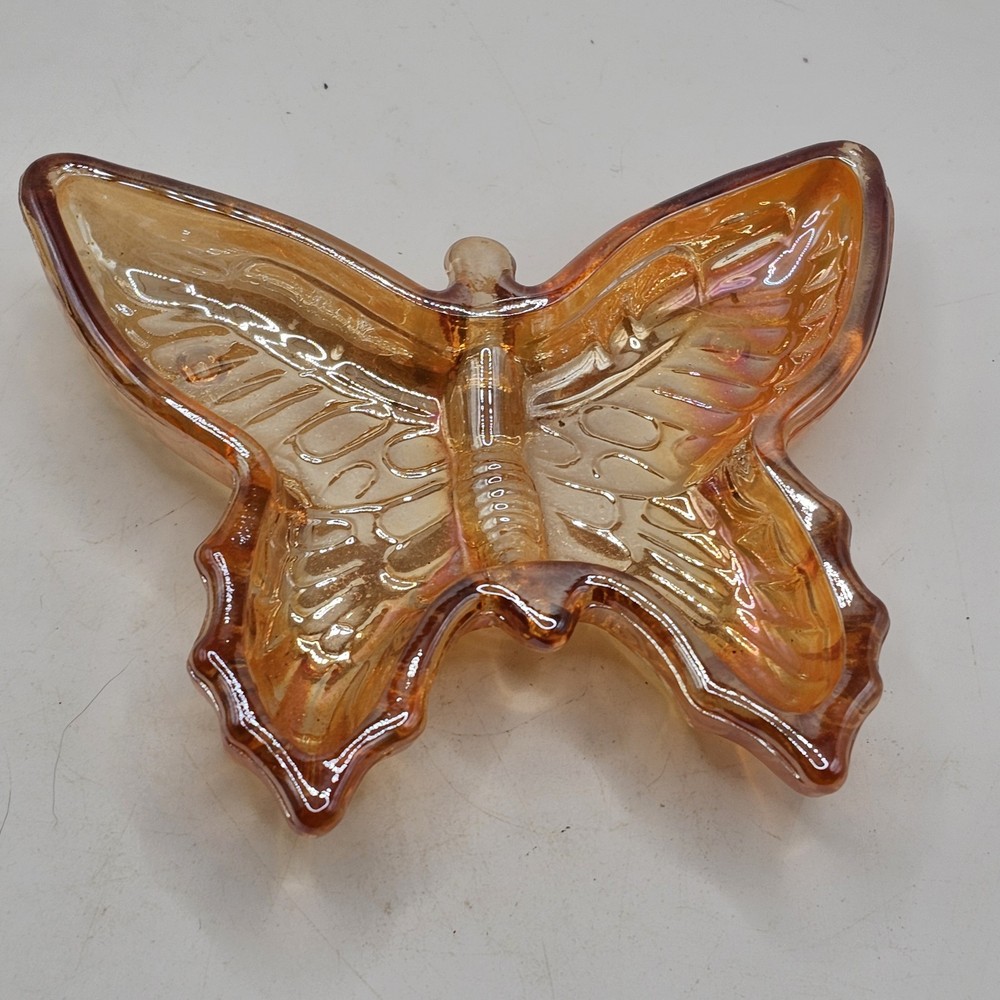 Marigold Carnival Glass Butterfly Trinket Dish Ring Vintage