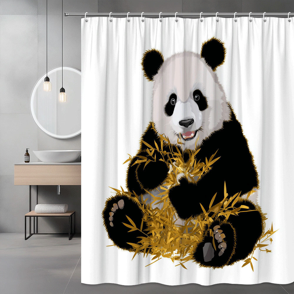 Panda Shower Curtain Cute Animal Print White Black Gold
