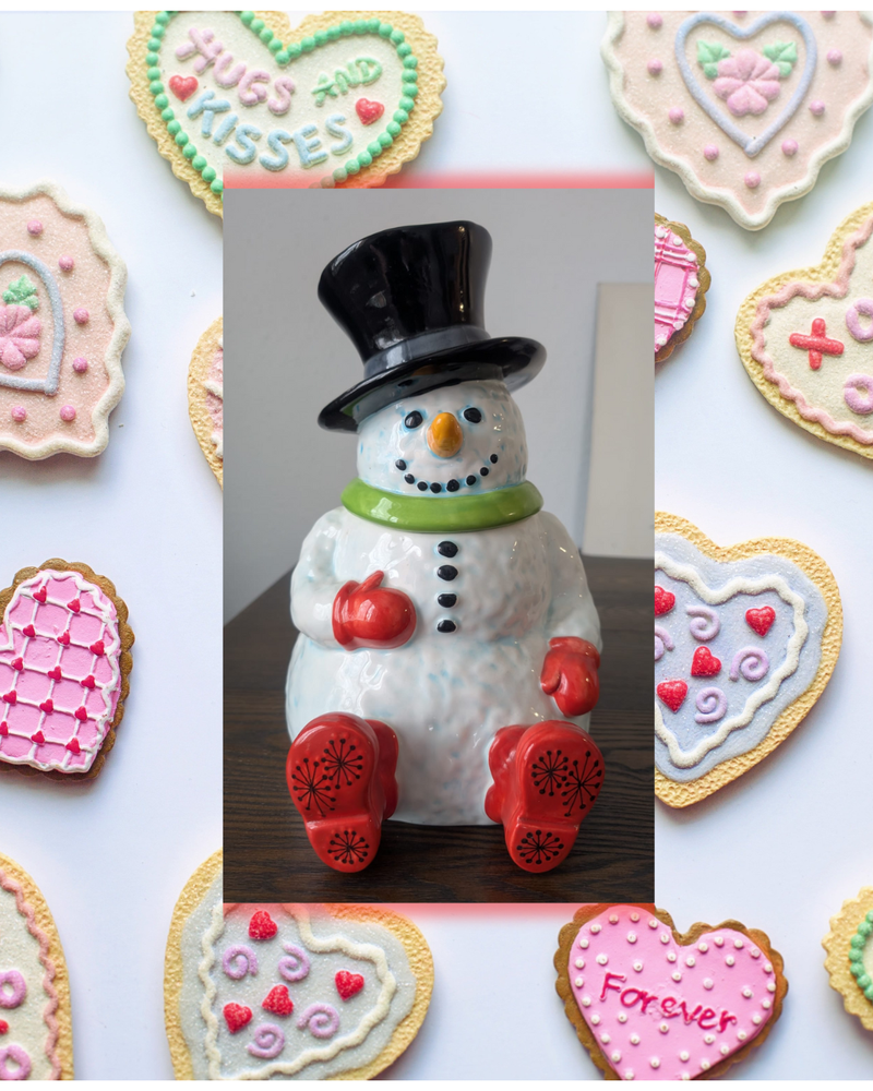 Adorable Ceramic Snowman Cookie Jar with Snow Texture, Red Boots, and Snowflakes