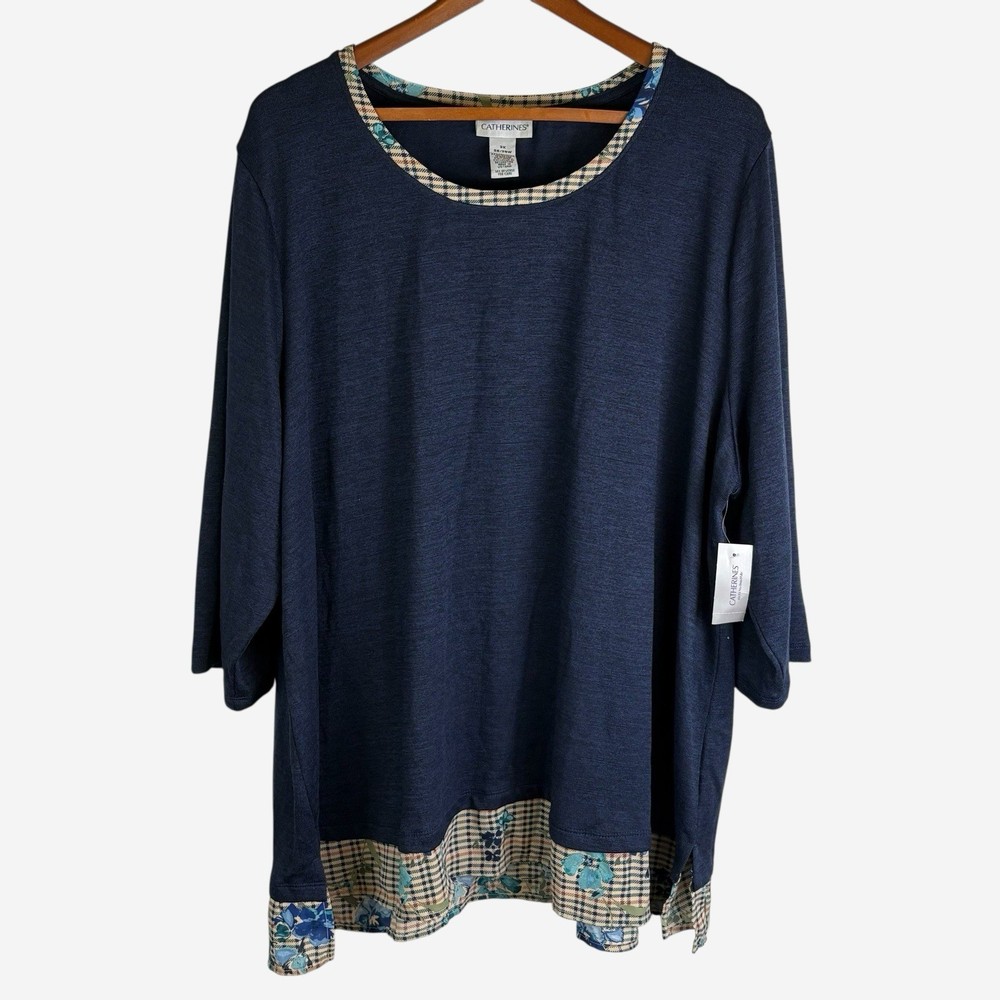 Catherines Floral Plaid Tunic Top 3X 26/28 W with Contrast Trim New MSRP 59.95