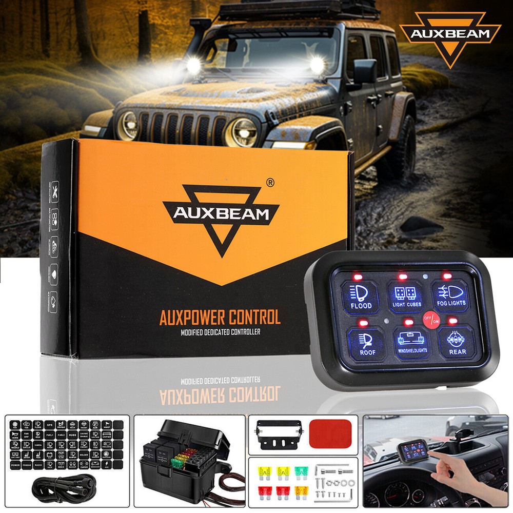 AUXBEAM 6 Gang Switch Panel Light Bar Circuit Control Box Relay System Green