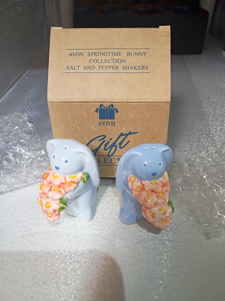 Salt And Pepper Shakers Avon Springtime Bunny  Collection Blue