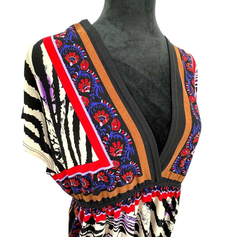 Vintage Y2K Babydoll Dress 2X Empire Waist  Colorful Animal Deep V Neck Dolman