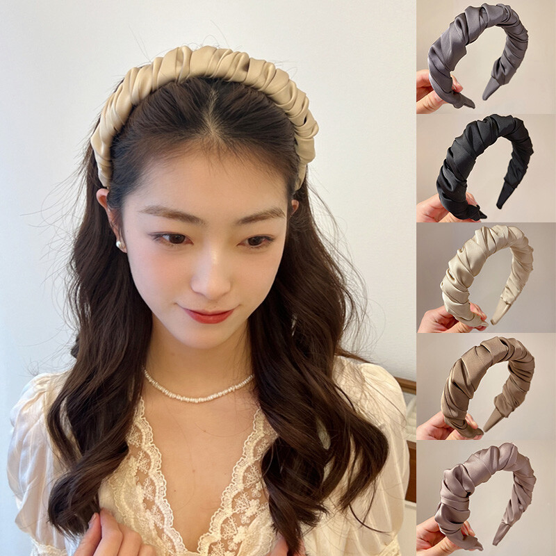 Silky Satin Pleated Headband Winding Craft Satin Wide Hair Hoop Handmade DIY ~