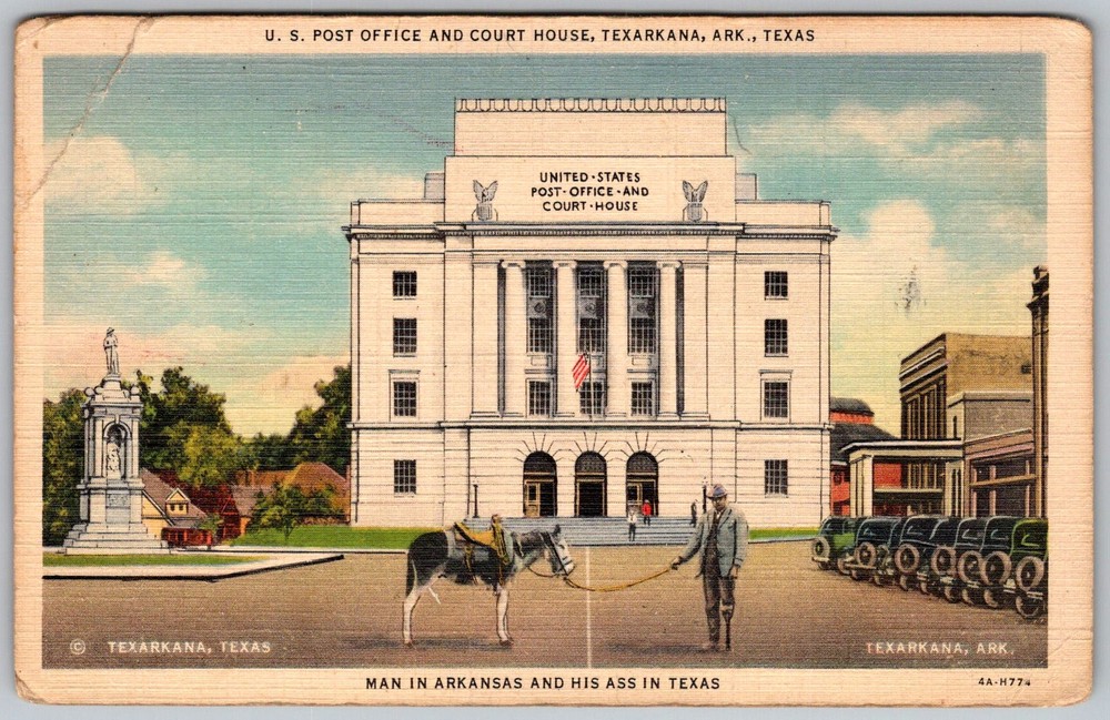 Vtg Linen Postcard U.S Post Office & Texarkana, Ar/tx 1940s