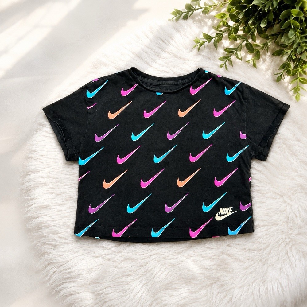 Nike Girls 4T Cropped T-Shirt Black/Multicolor Swoosh Logo Crew Neck