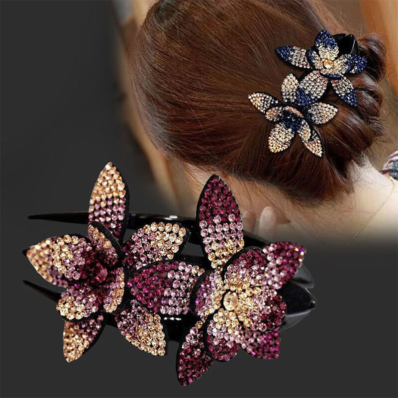 Women Rhinestone Double Flower Hair Clip Crystal Hair Combs Vintage Hair Claws
