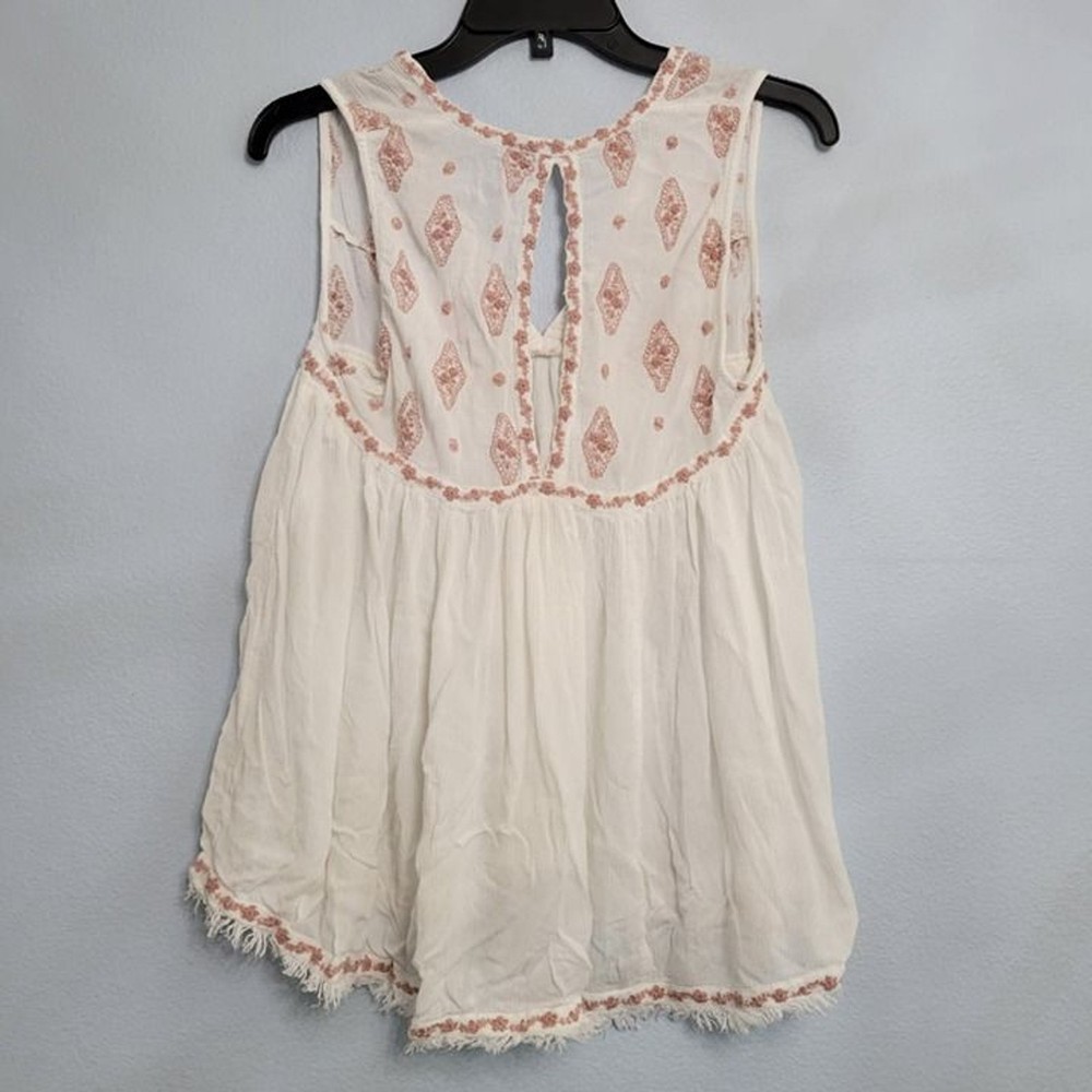 Free People Diamond Embroidered Tunic Tank Top White Rose Boho Flowy XS
