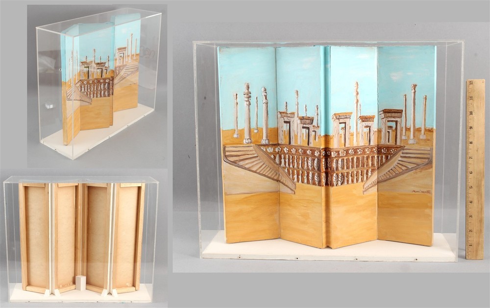 MAI MARI WATTS Middle Eastern Ruins Painting Miniature Screen Theater Set DesignUnique Orig Oil Painting in Lucite Case....NO RESERVE!
