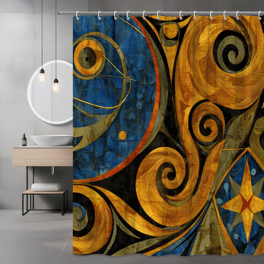 Abstract Spiral Star Shower Curtain Blue Gold Print