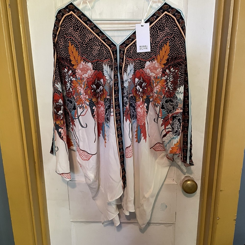 Rose+Olive Floral V-Neck Dolman Sleeve Kimono Blouse Top Sz 2x Boho Tunic Poncho