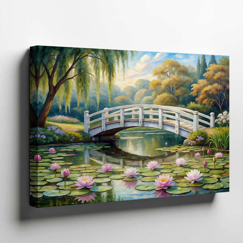 Serene Garden Landscape Canvas Wall Art with White Bridge and Water Lilies Print