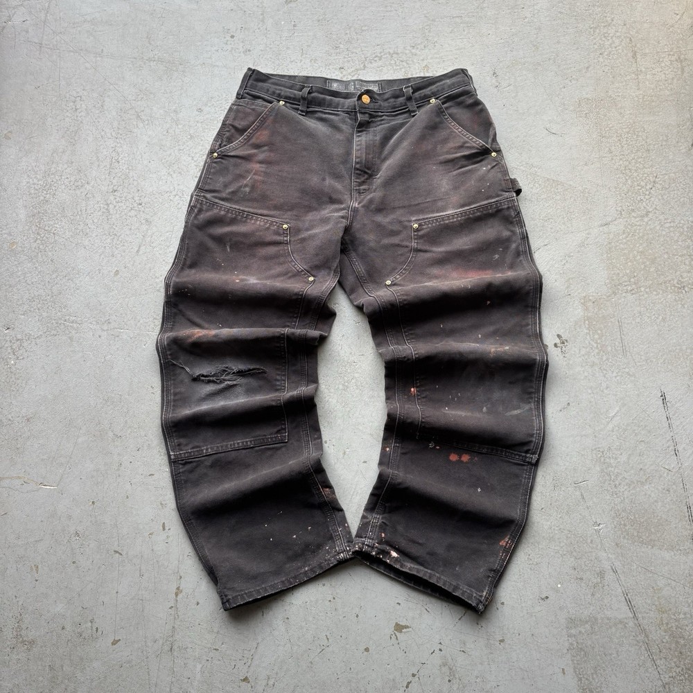 Vintage Made In USA Carhartt Double Knee Pants Black Size 32x30 Distressed Faded