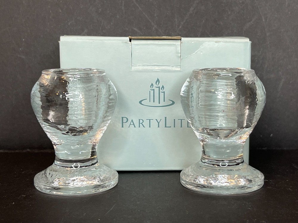 PartyLite Housewarming Taper Holder Pair P90104 Clear Glass Candlestick Set Boxe