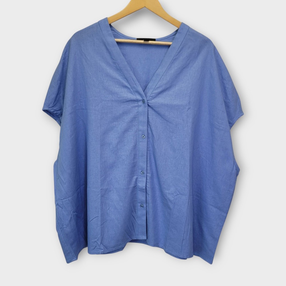 Ellos Oversized Tunic Top Size 14/16 Light Blue Button Up Linen Rayon Lagenlook