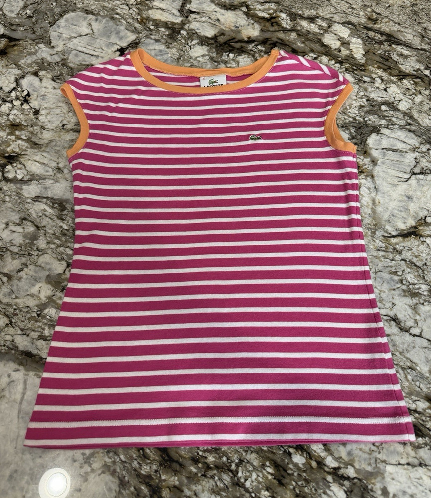 Lacoste Womens Pink White Orange Striped Sleeveless Crew Neck Knit Tank Top 42/L
