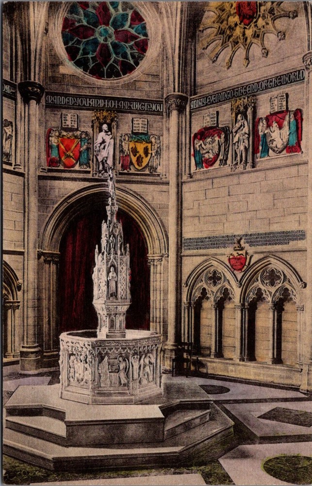 Albertype HANDCOLORED Postcard: St. John the Divine Cathedral Baptistry NYC