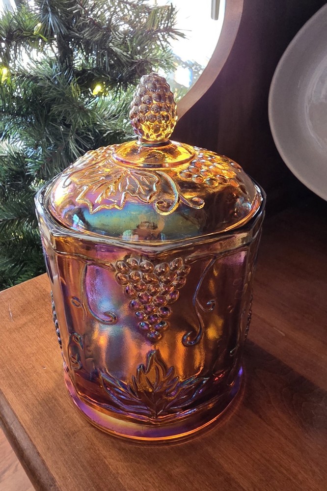 Carnival Glass Amber Iridescent Grape and Leaf Jar with Handle Lid Decorative
