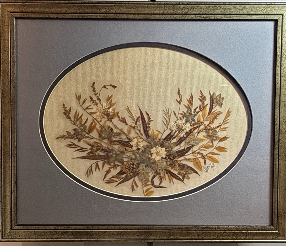 Vintage Pressed Flower Botanical Art Framed Oval Mat Signed 22x18