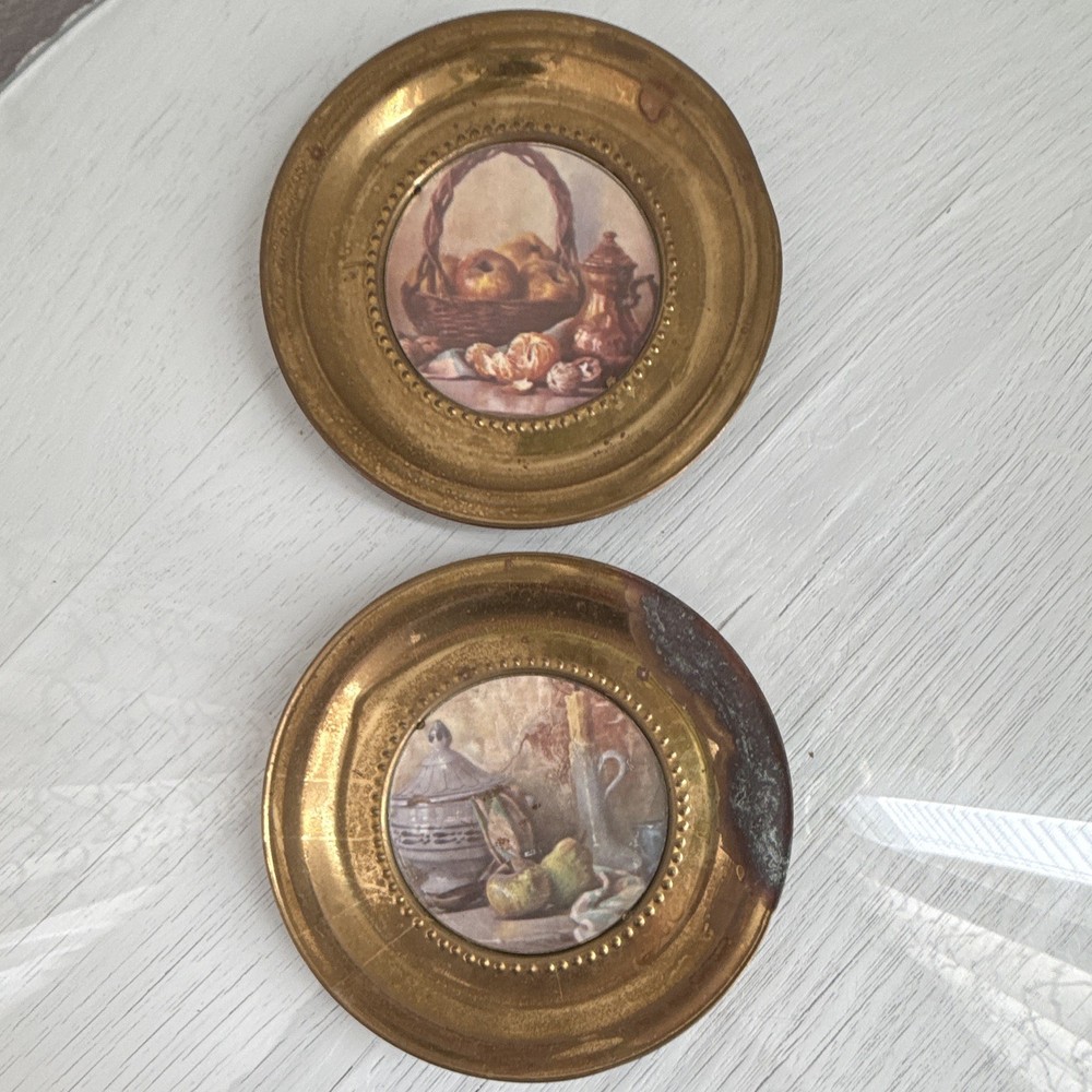 Vintage Lot of 2 Round Gold Metal ornate plates with still life wall art brass