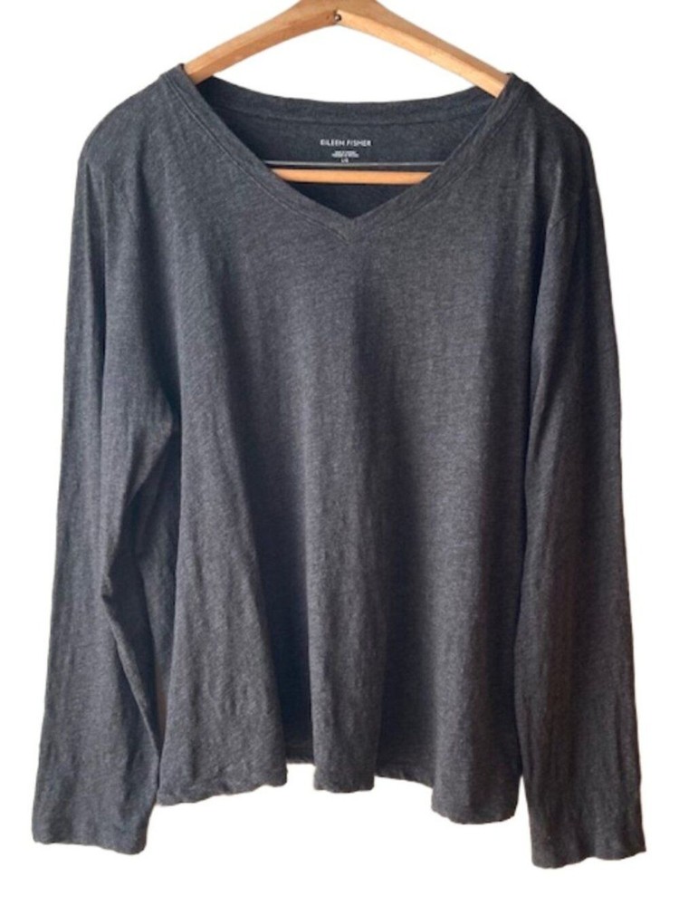 Eileen Fisher Gray Long Sleeve V-Neck Top Size Large Cotton Lagenlook Minimalist