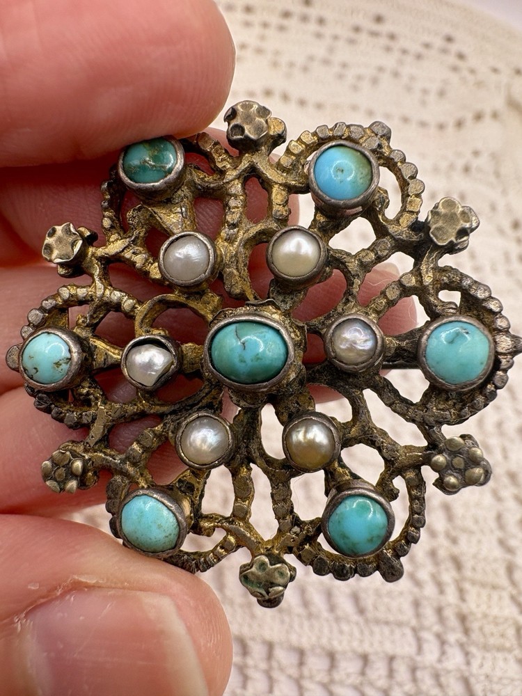 Antique Austro Hungarian Natural Turquoise And Pearl Silvertone Filigree Brooch