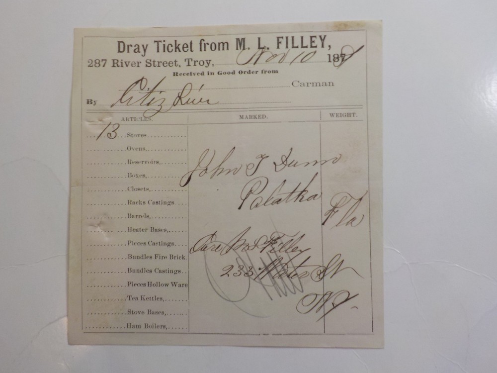 Antique Document 1881 Palatka Florida Troy New York Shipper M. L. Filley VTG