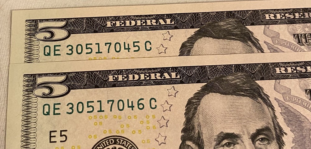 Lot of two Fancy sequential serial numbers $5 Bills UNCIRCULATED/CRISP 2021