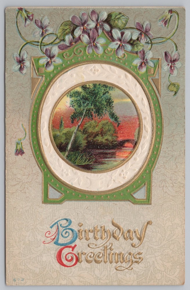 Greetings~Purple Violets & River Scene Sunset Birthday Greeting~Vintage Postcard