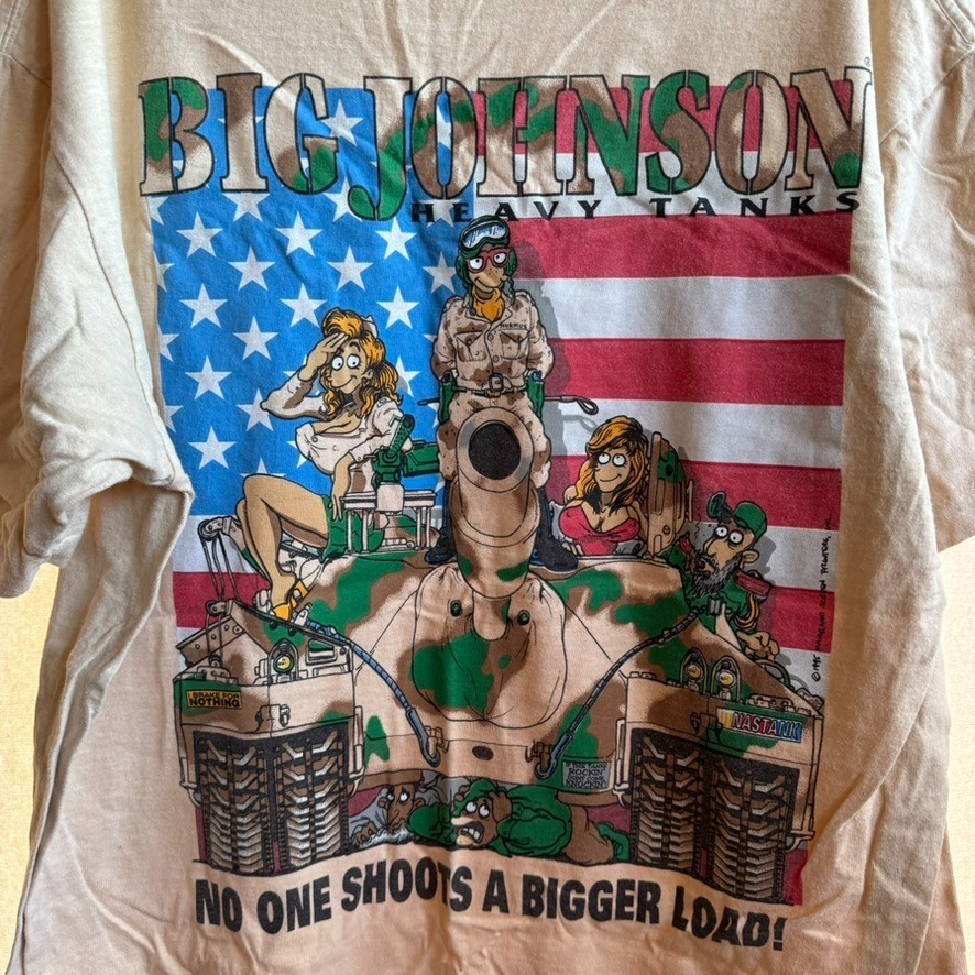 Vintage Big Johnson Heavy Tanks Graphic T-Shirt – XL – USA Flag Humor Tee