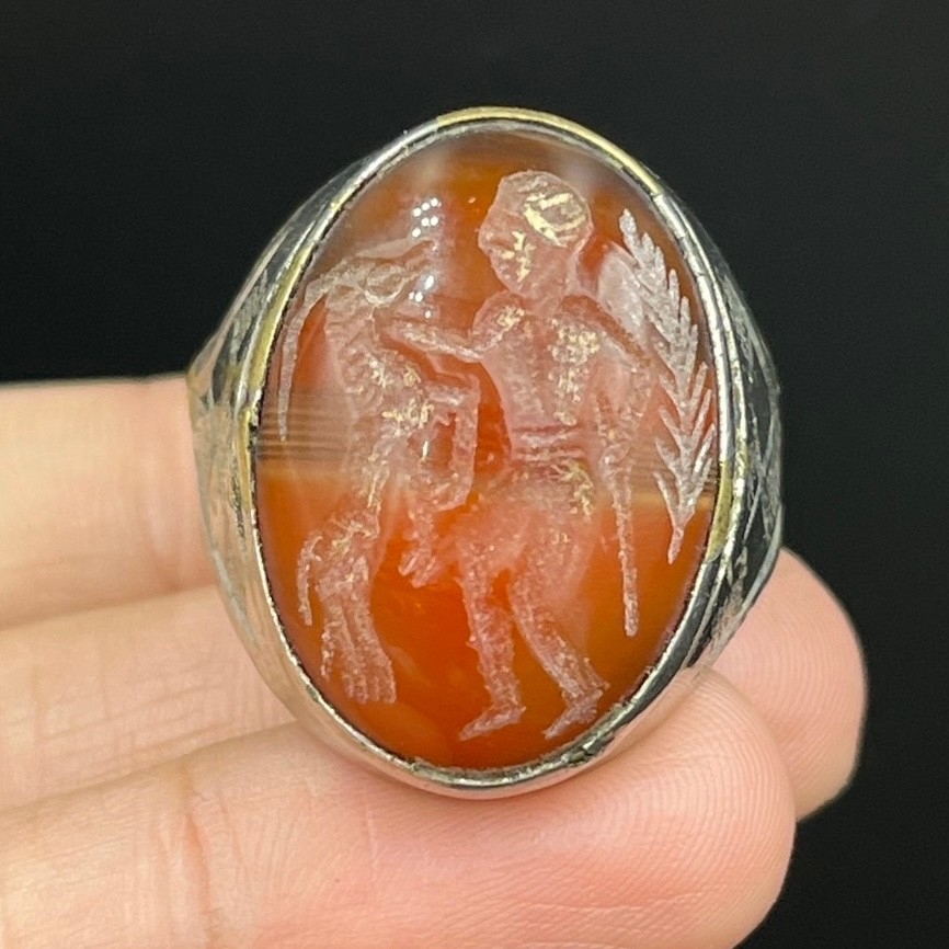 Ancient Roman Bronze Ring With Intaglio Stone Insert