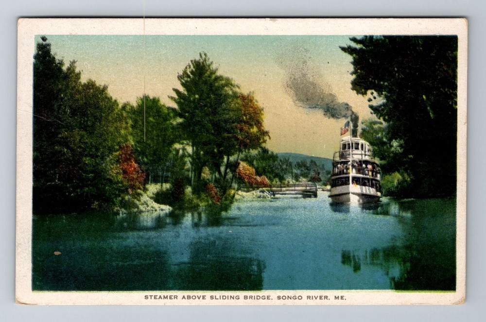 Songo River ME-Maine, Steamer Above Sliding Bridge, Vintage c1929 Postcard