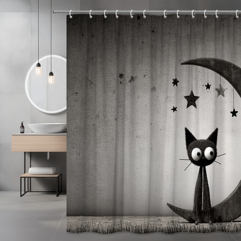 Black Cat Moon Stars Shower Curtain, Gothic Halloween Decor