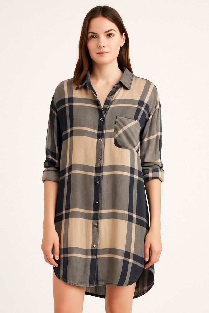 Free People Women’s M Oversized Plaid Button Up Shirt Longline Tunic Blue Beige