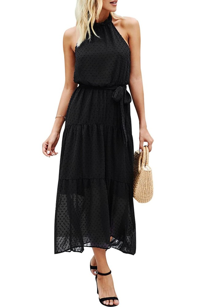 PRETTYGARDEN Women’s Halter Neck Long Backless Ruffle dress with Belt (Black, S)