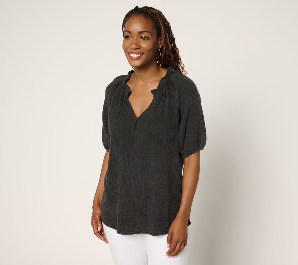 Peace Love World Women's Top Sz XL Boheme Femi Popover Elbow Sleeve Black