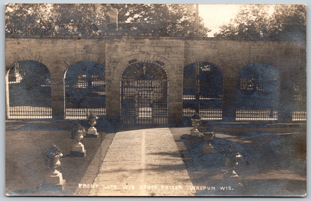 RPPC c1910s Waupun Wisconsin State Prison Front Gate ANTIQUE Postcard 10353