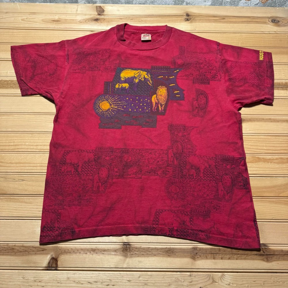 Vintage 90s Houston Zoo Animals Wildlife Safari All Over Print T-Shirt USA - XL