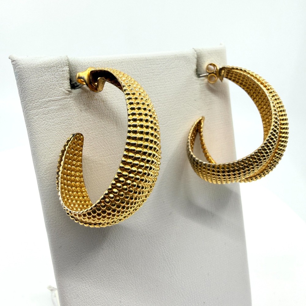 Vintage 90s Gold Tone Textured Dotted Hoop Earrings Chunky Double Row Retro