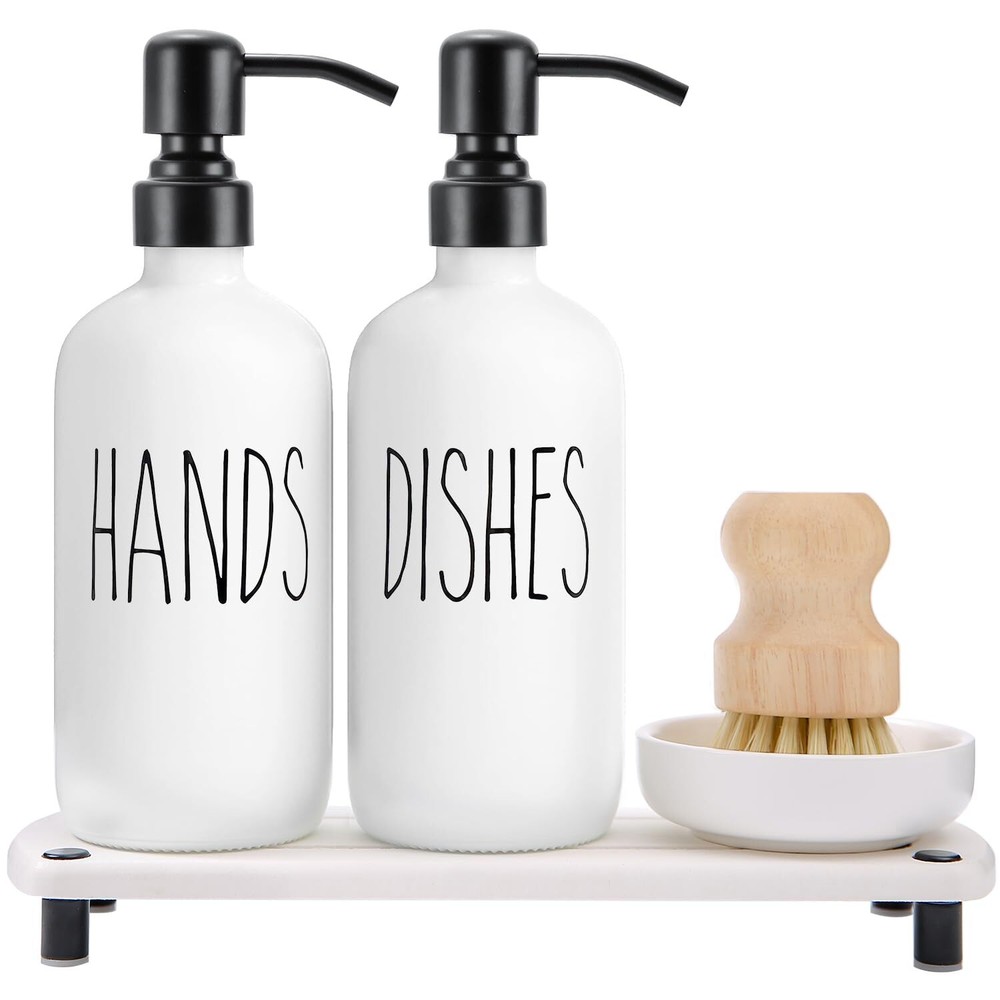 White Soap Dispenser Set Comes With Stainless Steel Pumps Instant Dry Tray And D