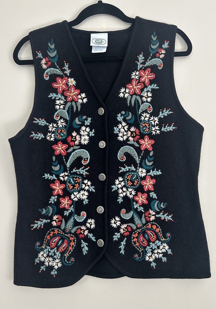 Laura Ashley 100% Wool Embroidered Vest Size 10 Cottegecore Black Floral