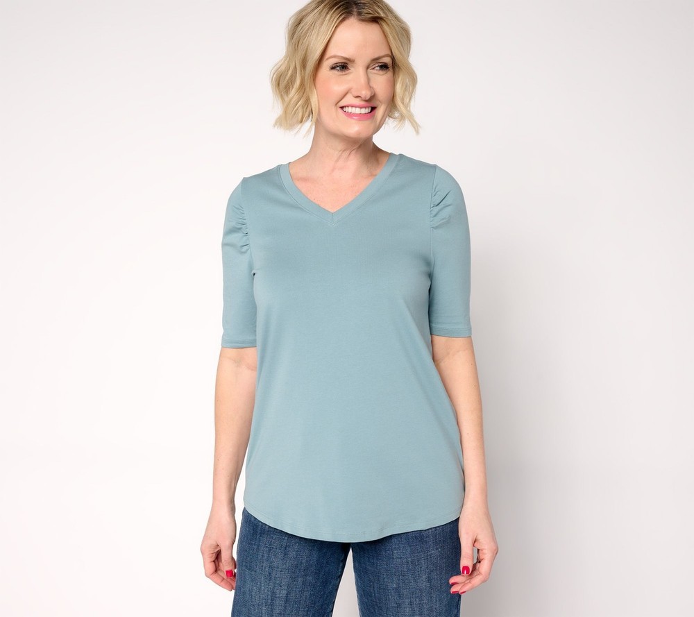 Anybody Women's Top Sz M Cozy Knit Elbow Puff Sleeve Blue A689695
