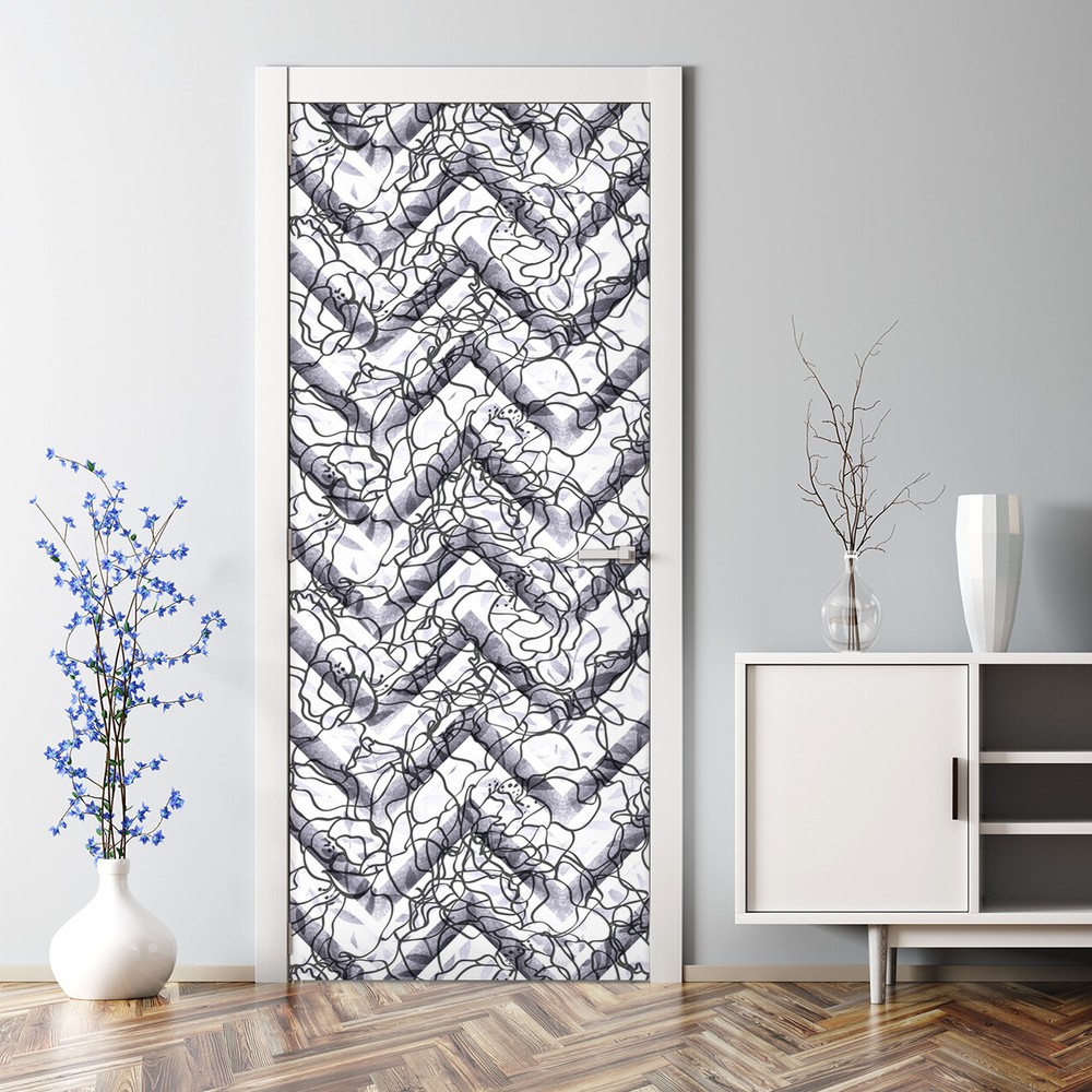 Abstract Floral Chevron Bubble Free White Flowers Drawing Style Door Sticker