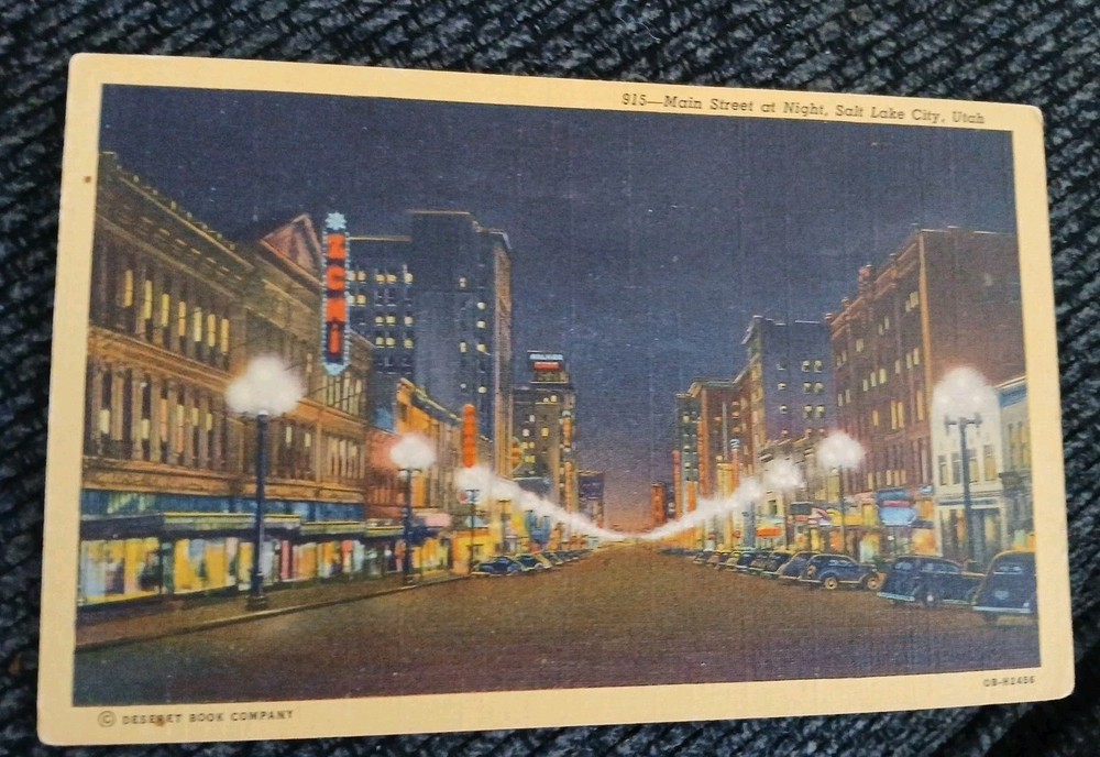 Main St at Night Salt Lake City Utah Linen Postcard 1940s