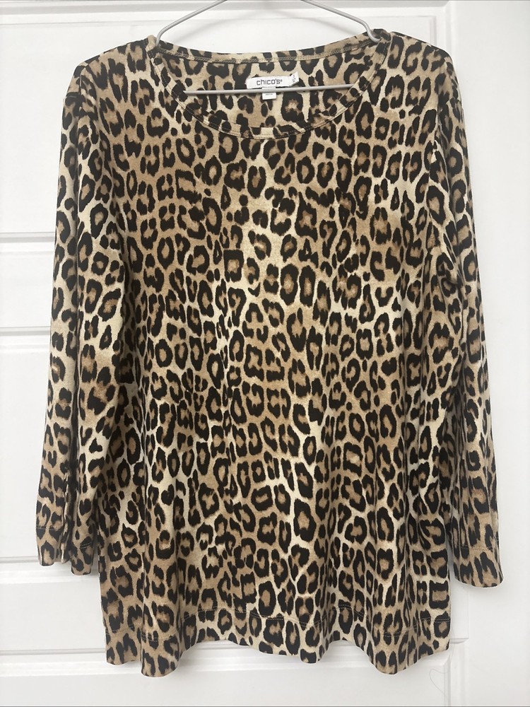 Chico’s Leopard Print Top 3/4 Sleeve Stretch Knit Cotton Sz 3 XL