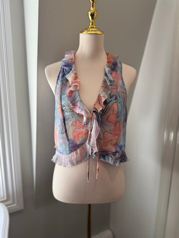 Weekday Sheer Ruffle Tie Front Top Floral Abstract Print Blouse Size Large