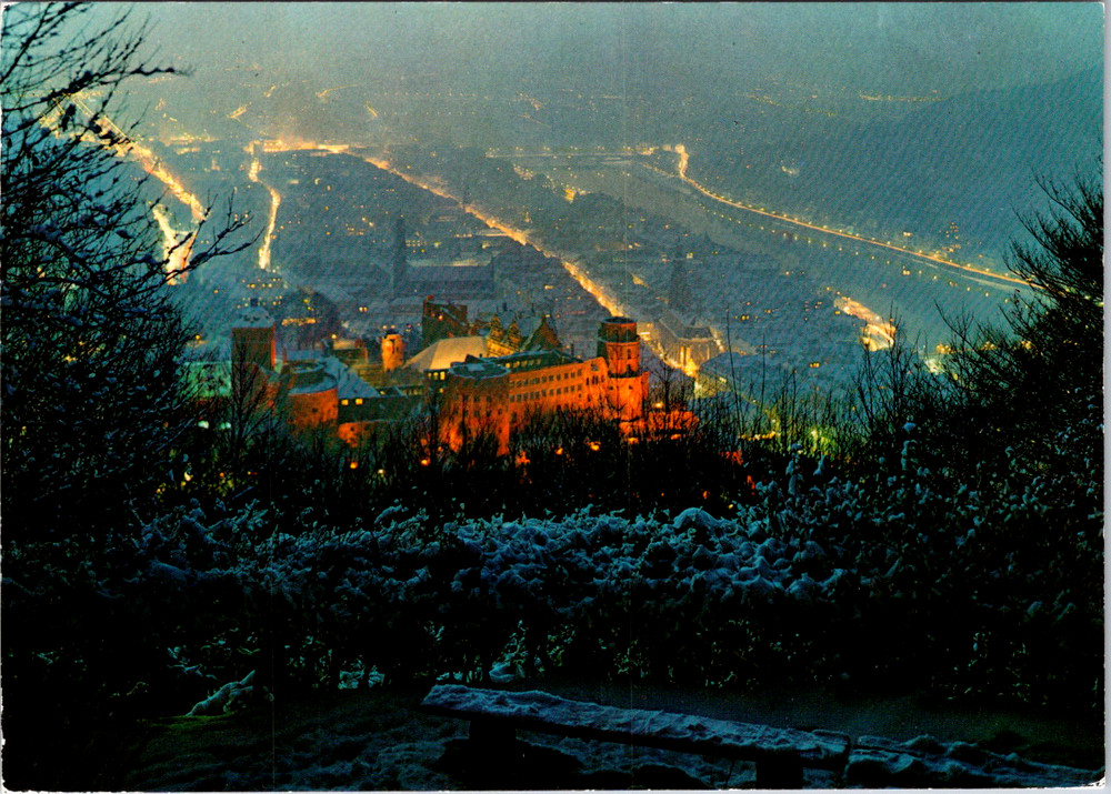 Vintage Postcard Heidelberg Germany Castle City View Winter Night