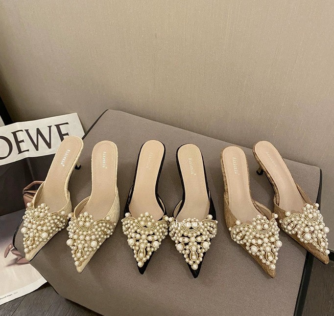 Elegant Women's Pointy Toe Pearl Mules with Kitten Heel Dress Pumps